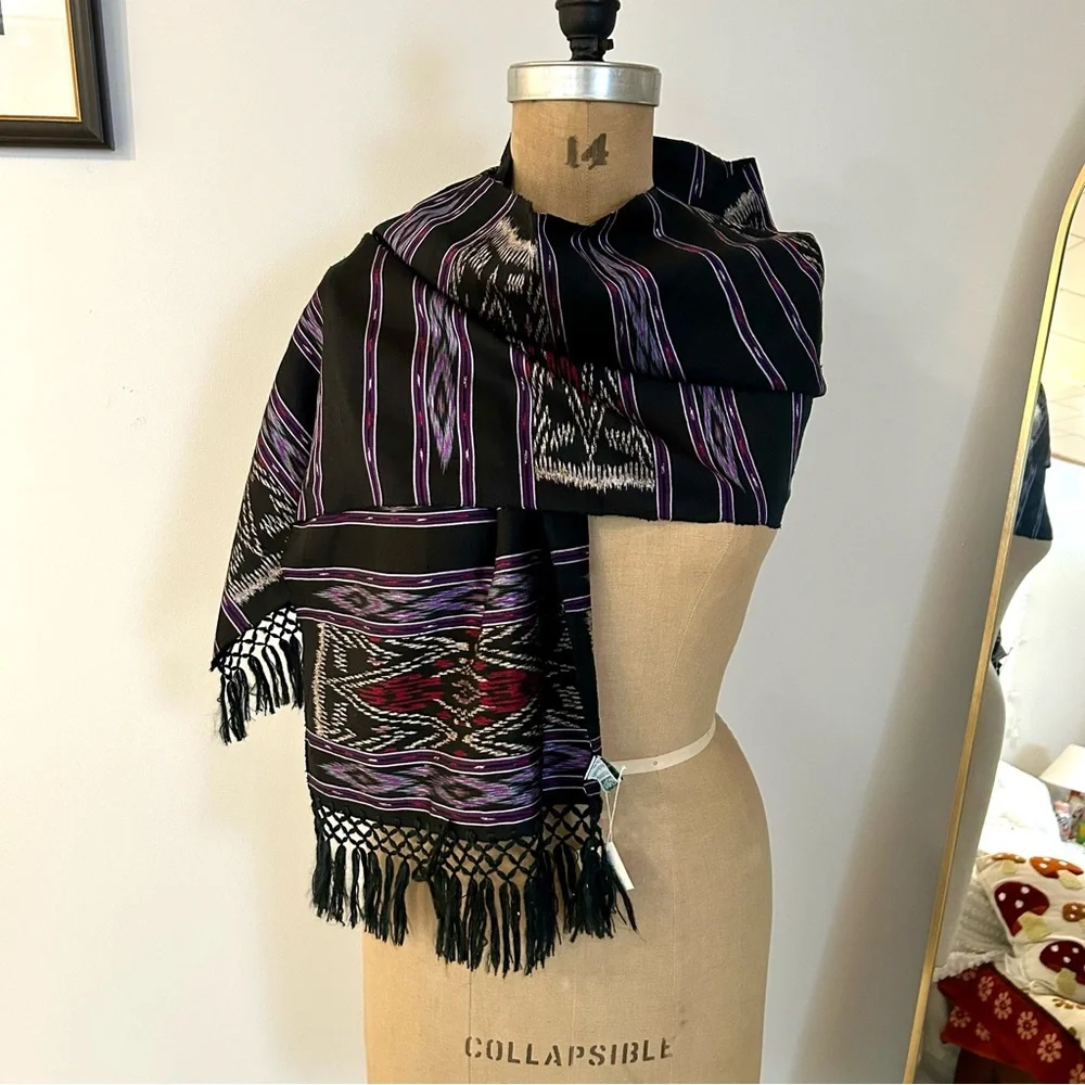 Ten Thousand Villages 100% Silk black and purple woven scarf NWT